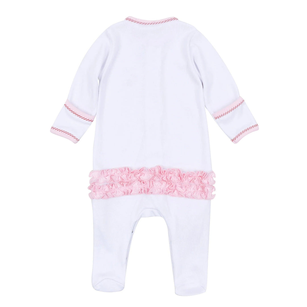 That Store girls white cotton footie featuring a back ruffle and pink picot trim details