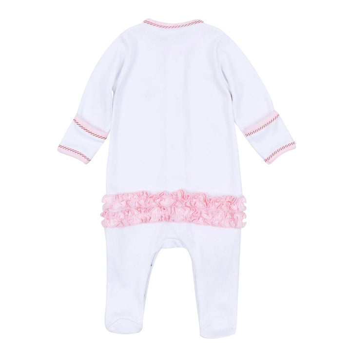 That Store girls white cotton footie featuring a back ruffle and pink picot trim details