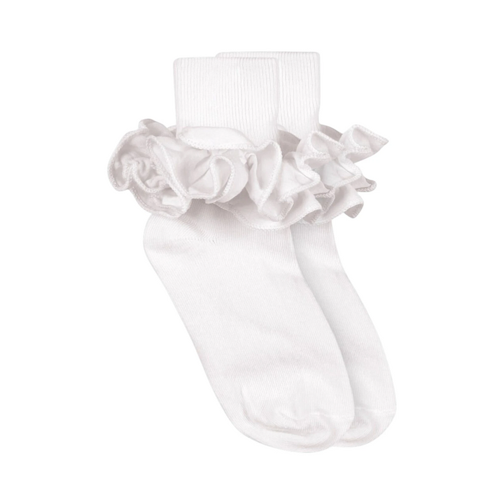 That Store white cotton turn cuff socks featuring delicate ruffle lace trim for a classic girl&