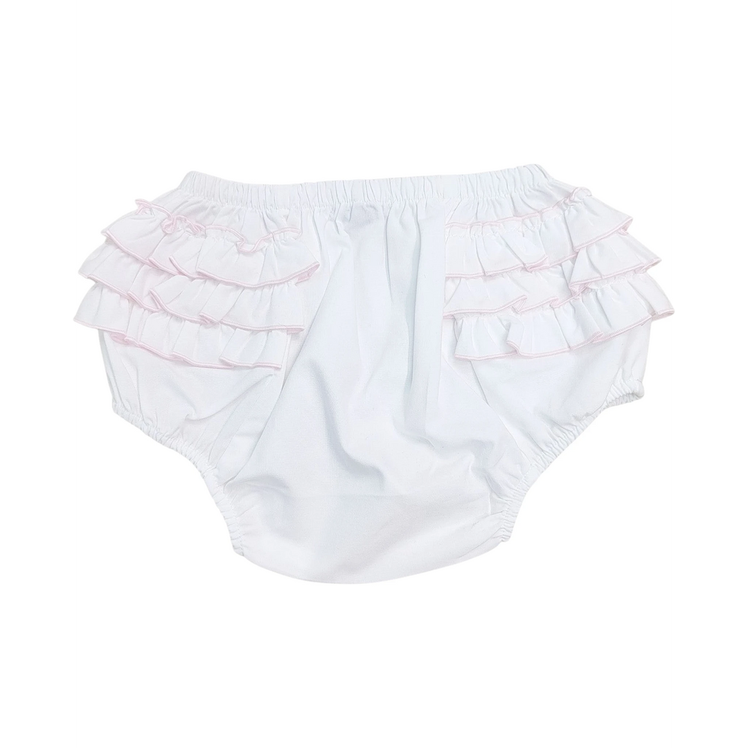 That Store white cotton-blend baby bloomers featuring delicate pink ruffled trim on the sides.
