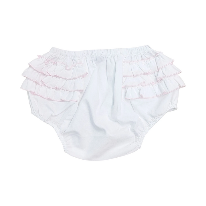 That Store white cotton-blend baby bloomers featuring delicate pink ruffled trim on the sides.