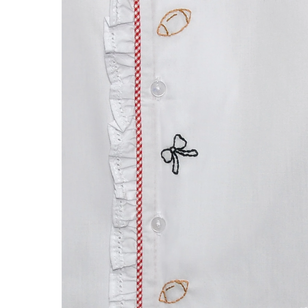 That Store white daygown featuring red gingham trim, ruffled edges, and embroidered bow and football details.