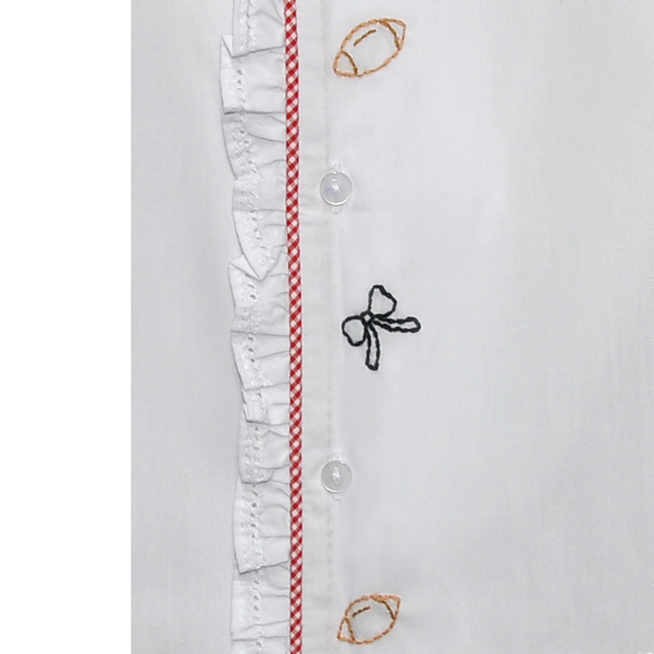 That Store white daygown featuring red gingham trim, ruffled edges, and embroidered bow and football details.