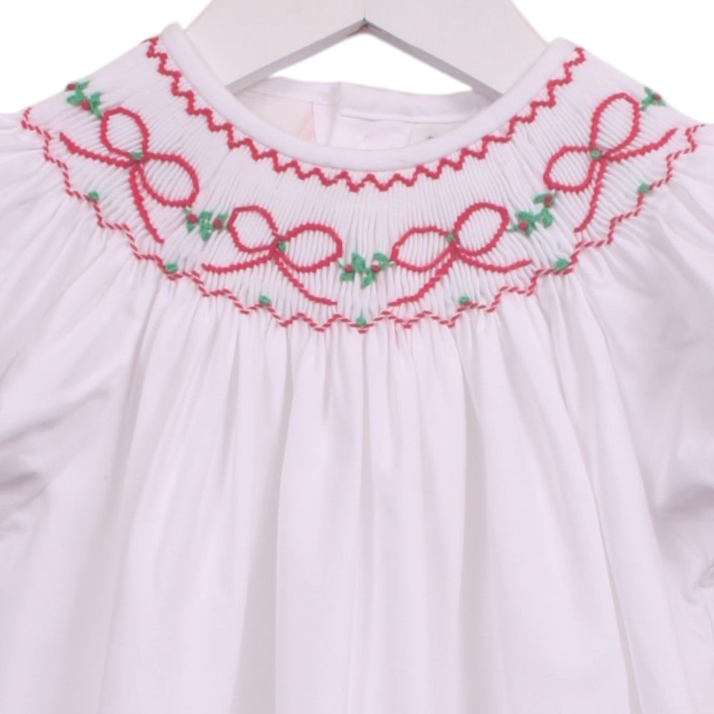 That Store white girls bubble with smocked neckline featuring red bows and green garland embroidery