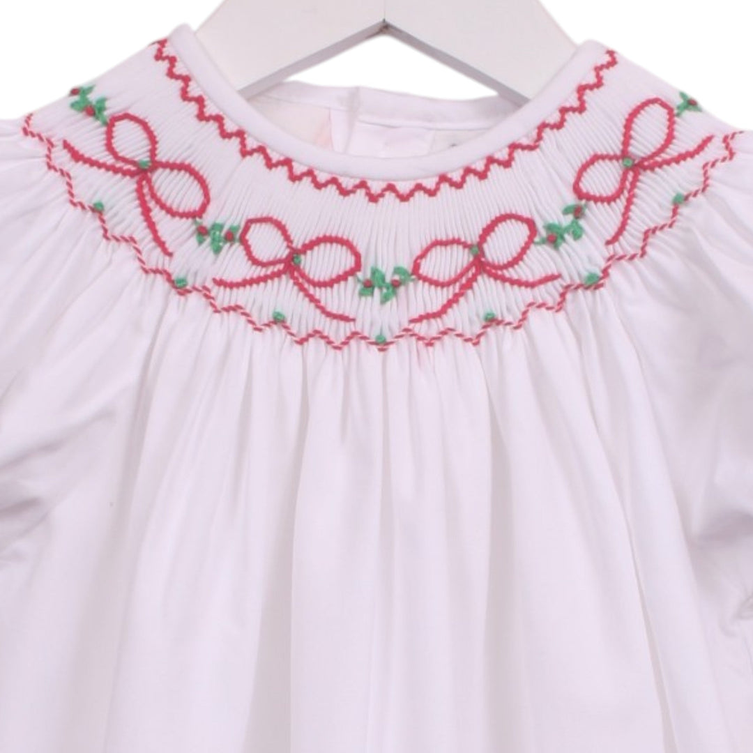 That Store white girls bubble with smocked neckline featuring red bows and green garland embroidery