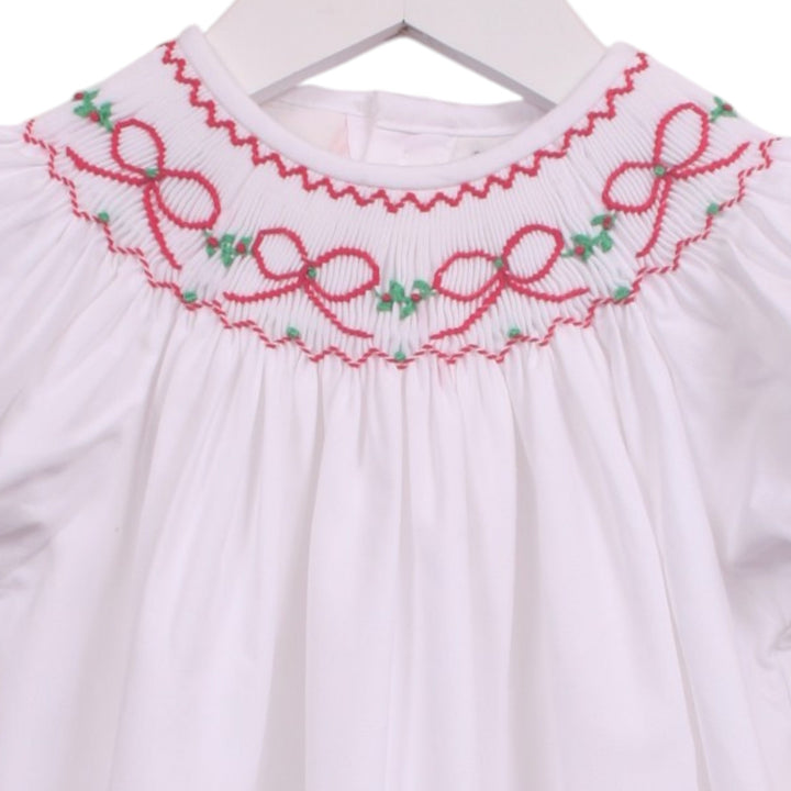That Store white girls bubble with smocked neckline featuring red bows and green garland embroidery