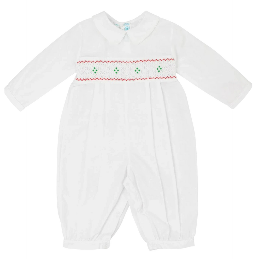 That Store white poly-cotton longall for boys with red and green hand-smocked embroidery and a peter pan collar.
