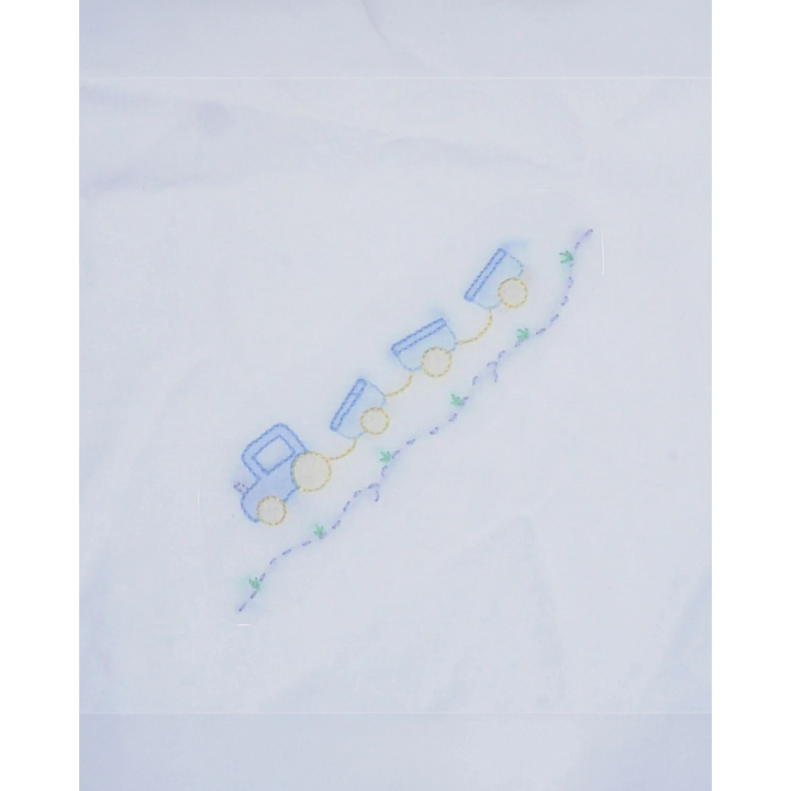 That Store white baby receiving blanket featuring a delicate blue and yellow shadow stitched train design