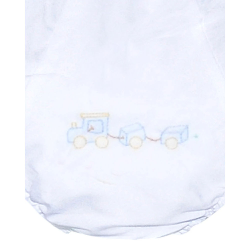 That Store white baby boy diaper cover featuring a blue embroidered train design with delicate shadow stitching.
