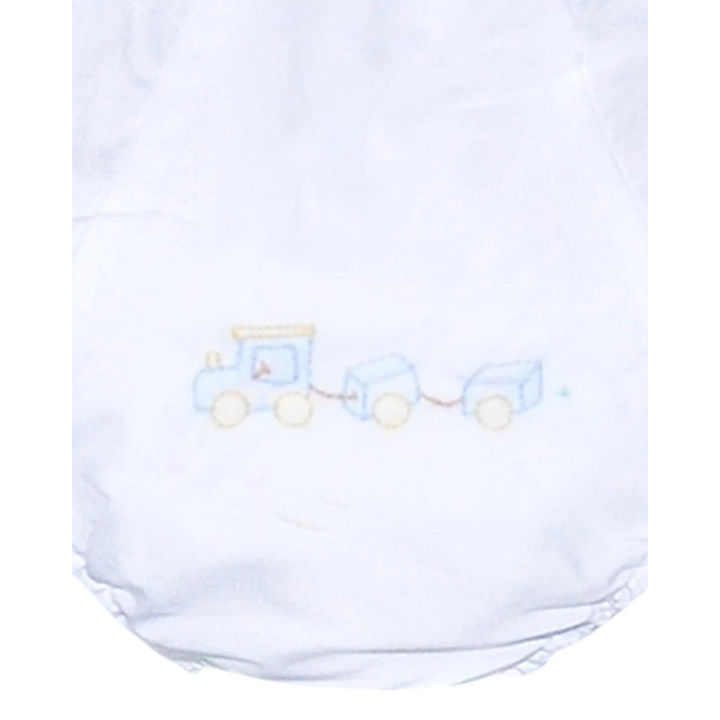 That Store white baby boy diaper cover featuring a blue embroidered train design with delicate shadow stitching.