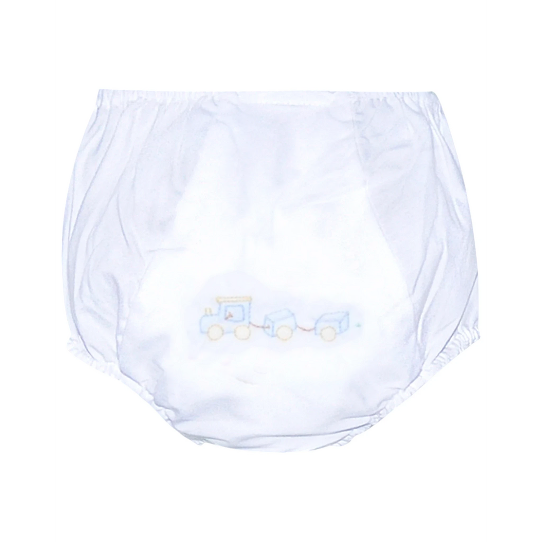 That Store white baby boy diaper cover featuring a blue train design with delicate shadow stitching