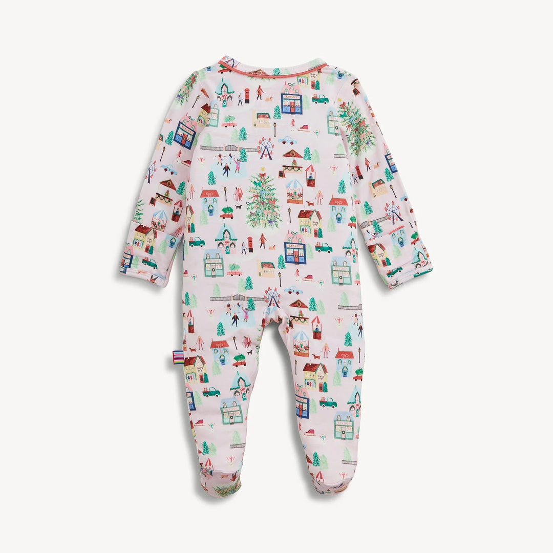 That Store Winter Village modal baby footie sleeper with magnetic closures and festive holiday town print