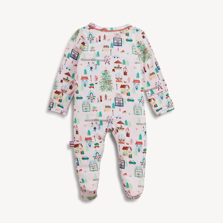 That Store Winter Village modal baby footie sleeper with magnetic closures and festive holiday town print