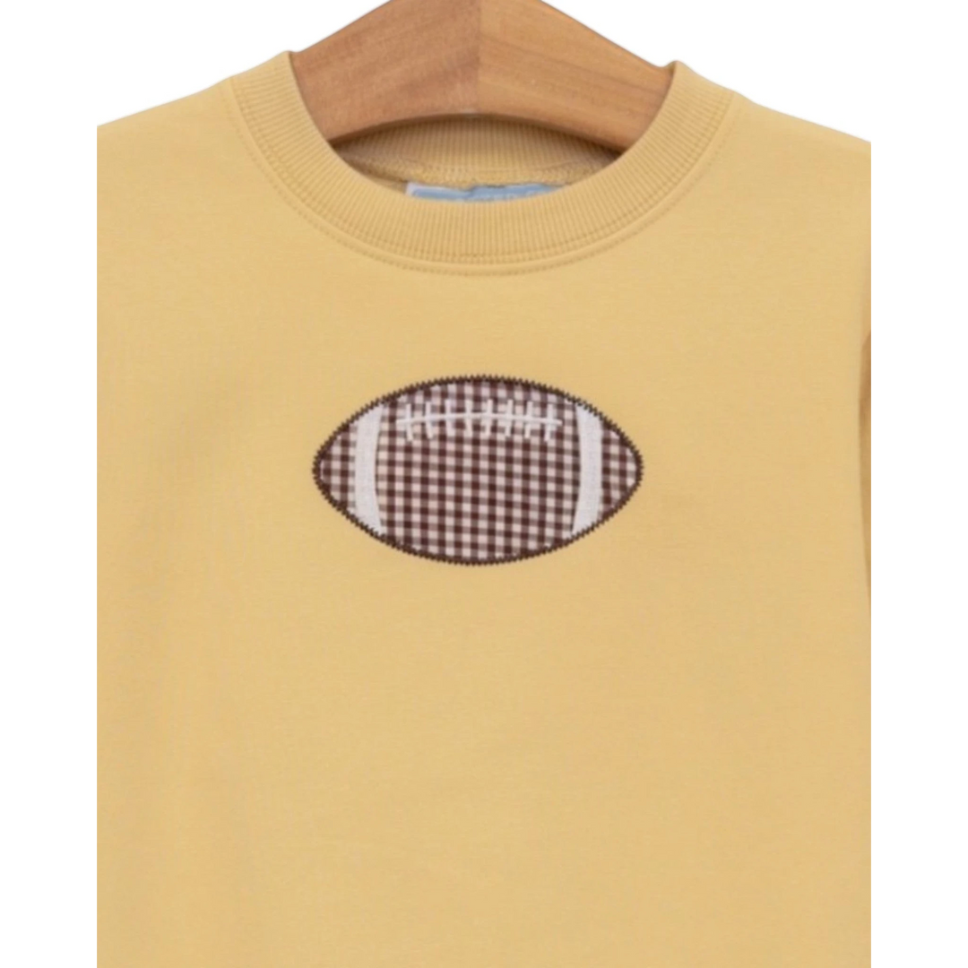 That Store yellow French terry pullover for boys featuring a brown gingham football graphic on the chest.