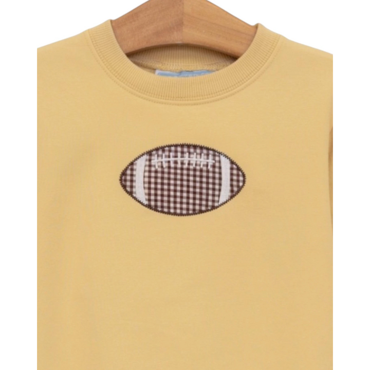 That Store yellow French terry pullover for boys featuring a brown gingham football graphic on the chest.