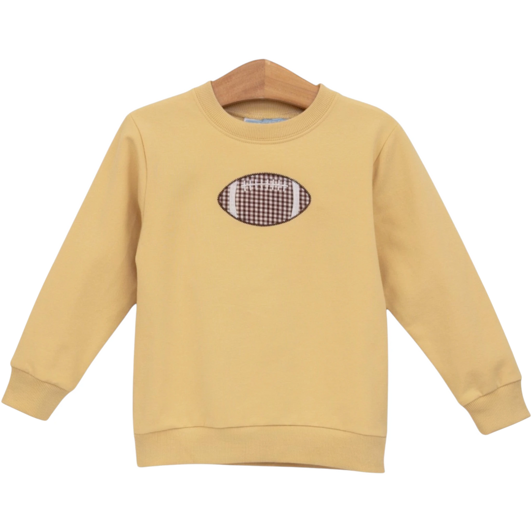 That Store yellow French terry pullover for boys featuring a brown and white gingham football graphic on the chest.