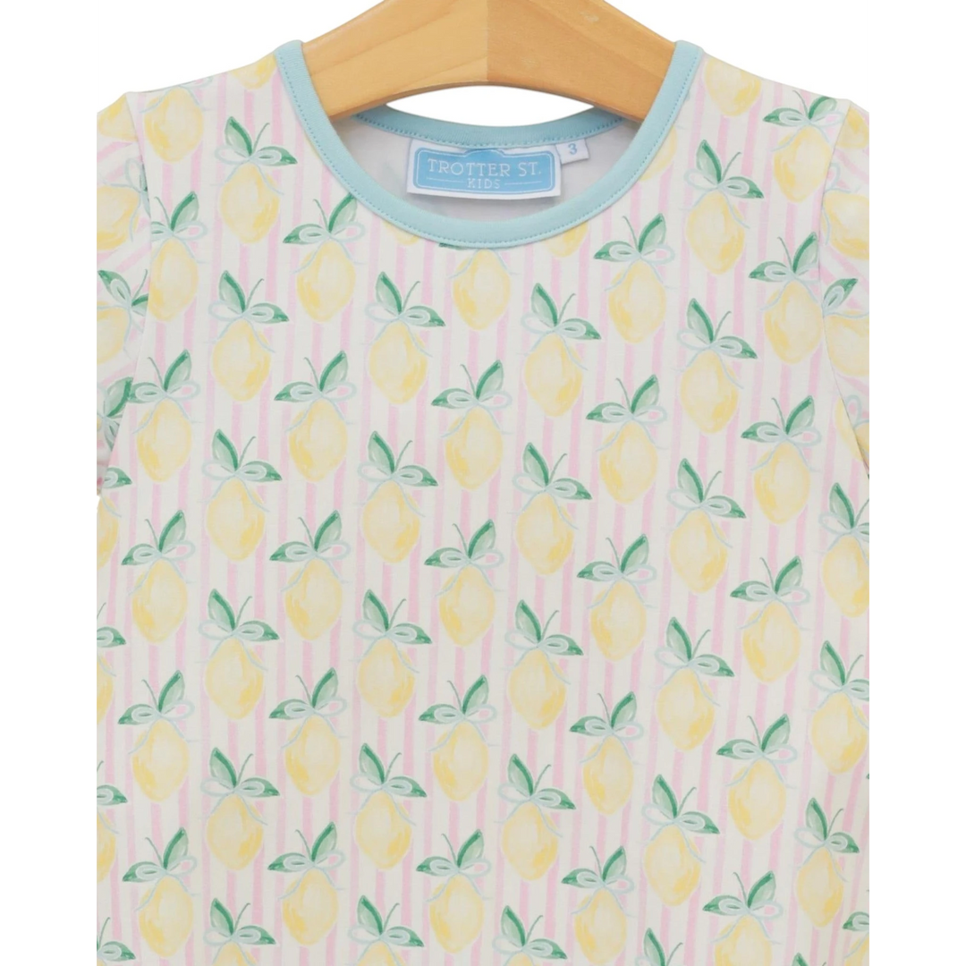 That Store yellow lemon print dress with light blue trim and pink stripes in soft cotton spandex blend