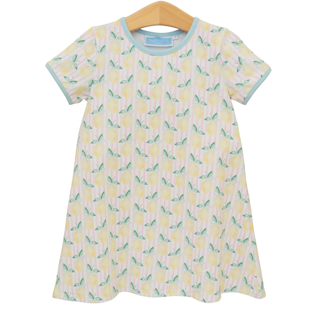 That Store yellow dress featuring a lemon print on a striped background with light blue trim, made of cotton blend.