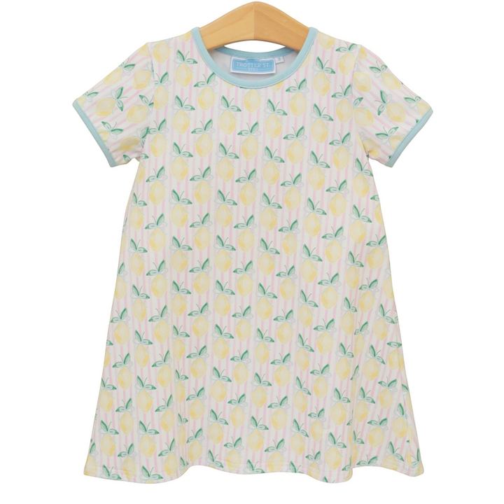 That Store yellow dress featuring a lemon print on a striped background with light blue trim, made of cotton blend.