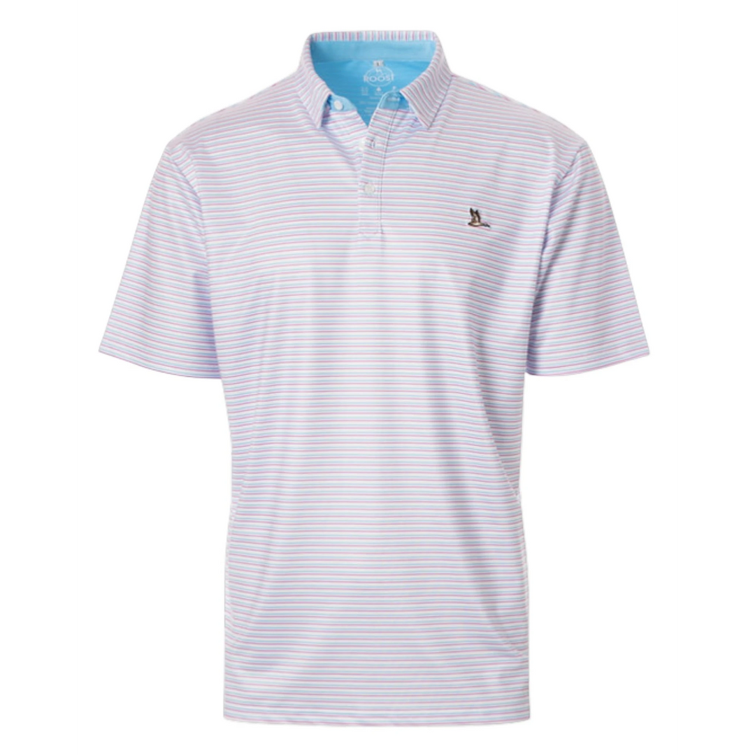 That Store Youth Cayuga performance polo in pink and blue stripes with a light blue collar and moisture-wicking fabric.