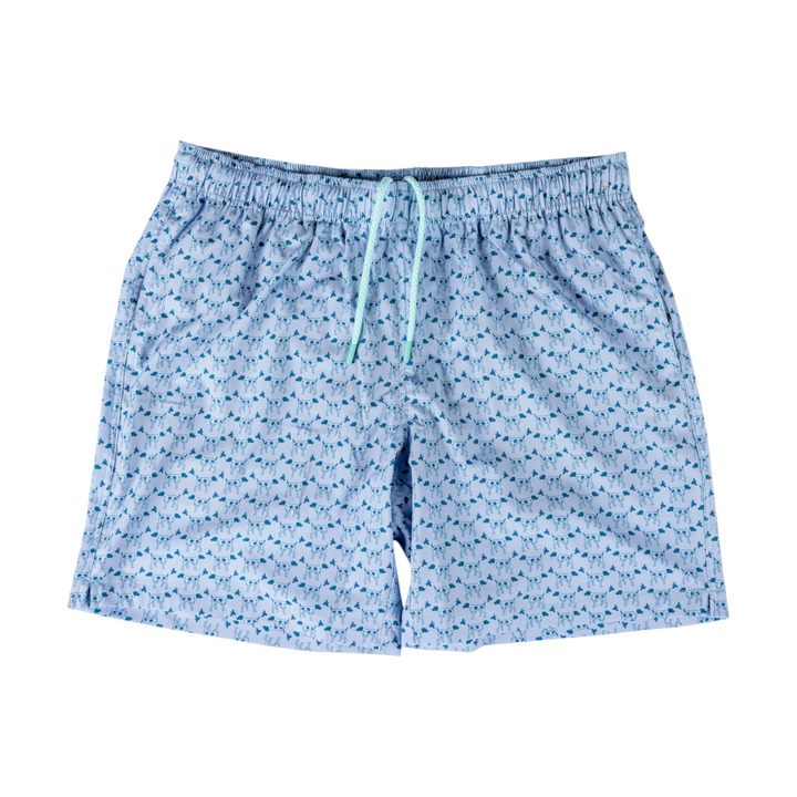 That Store youth swim trunks in light blue with a greyton dog pattern, featuring an elastic waist and drawstring.