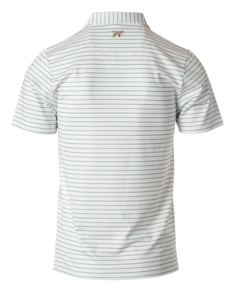 That Store Youth Driftwood boys performance polo in white with green horizontal stripes and back collar logo detail