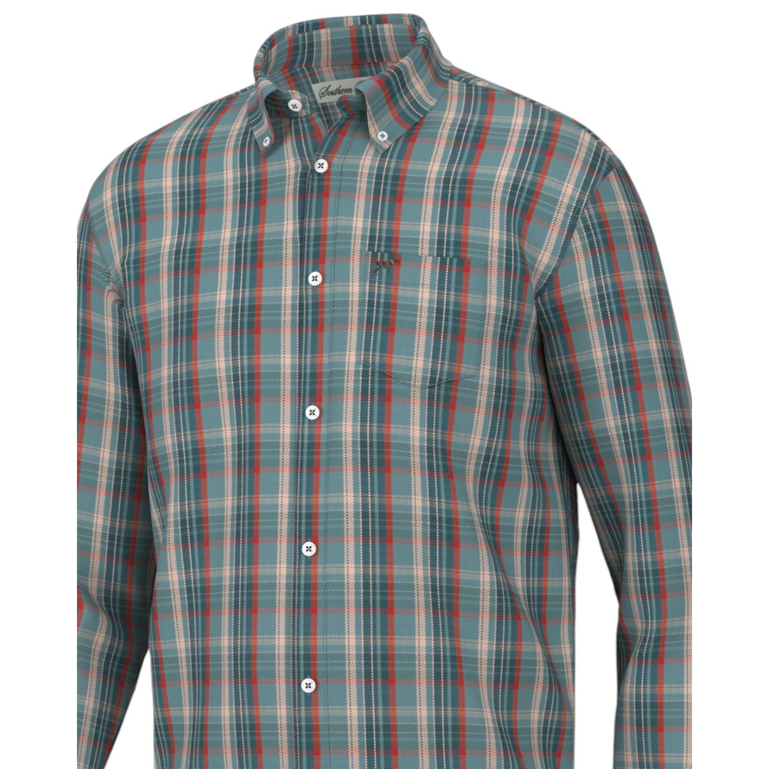 That Store youth button down shirt in a teal and red plaid pattern with moisture-wicking stretch fabric