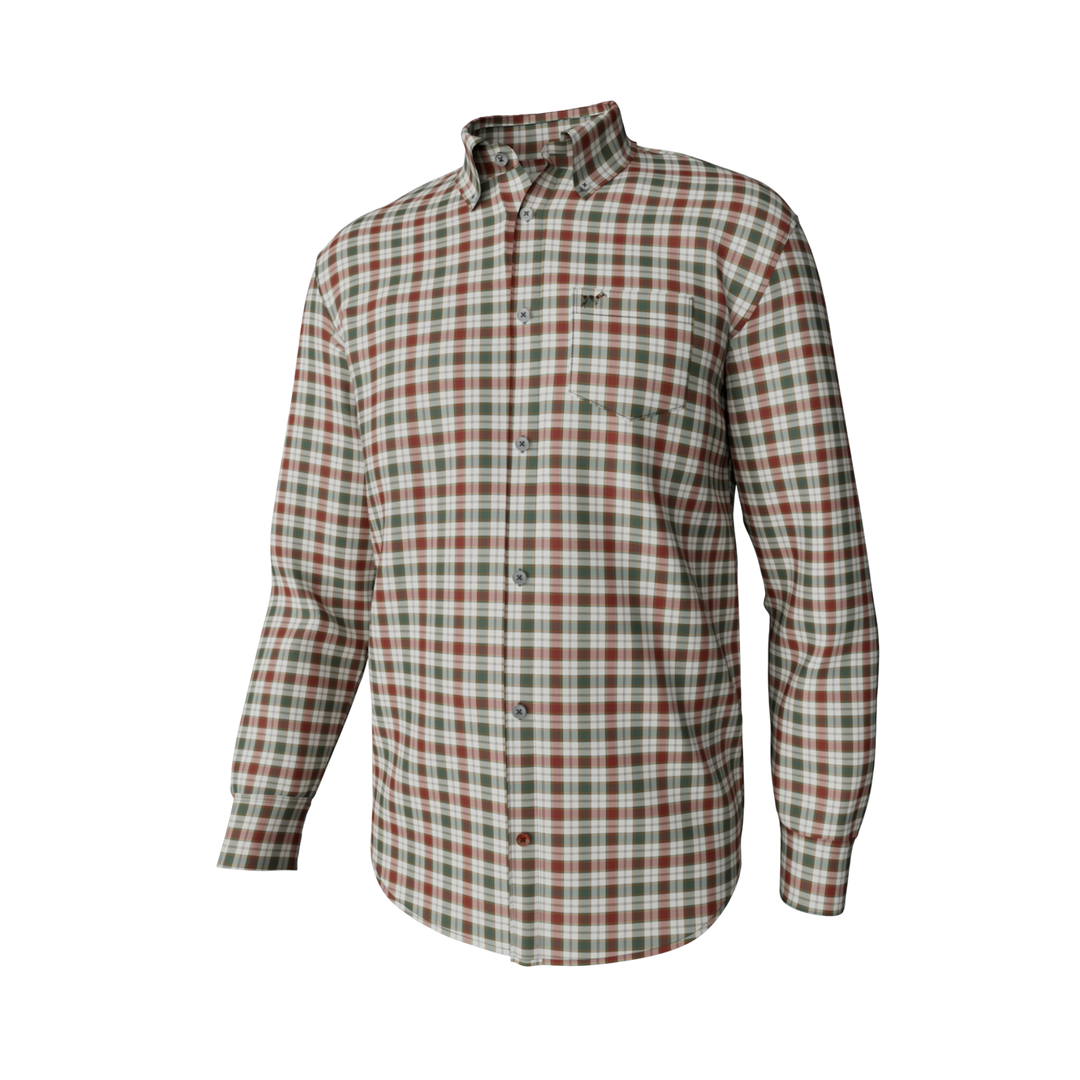 That Store youth long sleeve button-down shirt in festive red, green, and white plaid cotton-blend fabric.