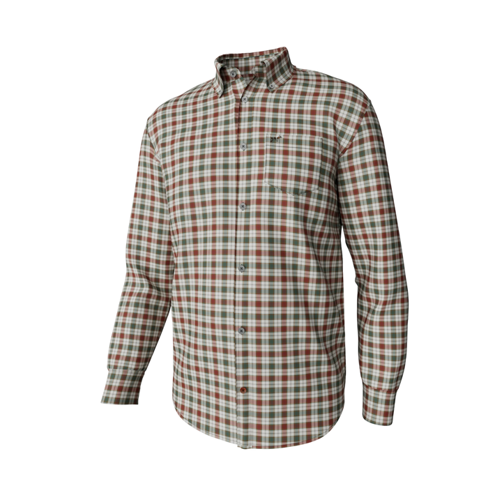 That Store youth long sleeve button-down shirt in festive red, green, and white plaid cotton-blend fabric.