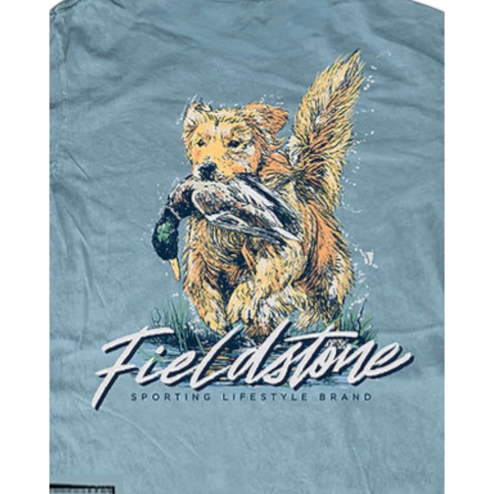 That Store youth saltwater blue cotton t-shirt featuring a golden retriever graphic with a duck