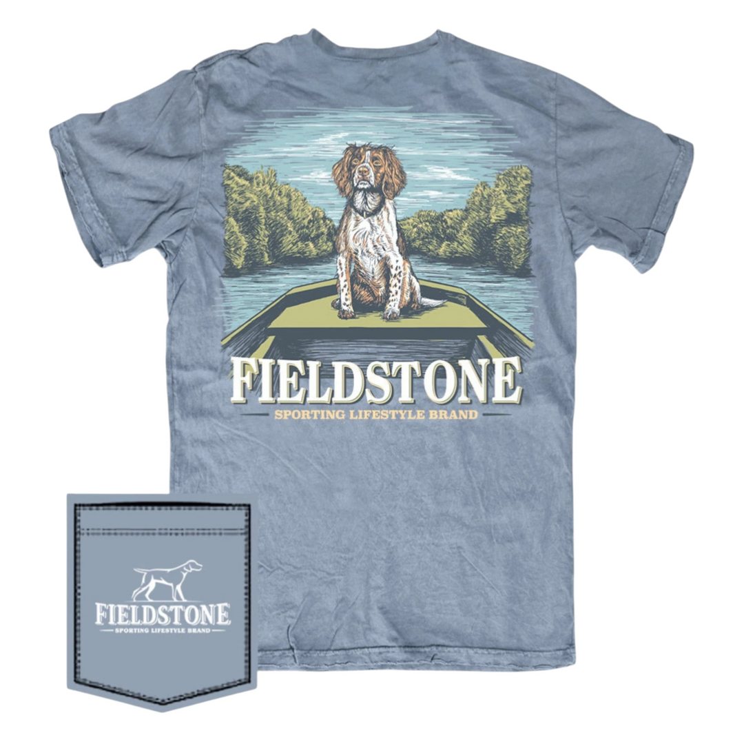 That Store Youth River Spaniel Tee in anchor slate, featuring a graphic of a dog in a boat on 100% ringspun cotton.