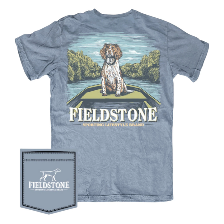 That Store Youth River Spaniel Tee in anchor slate, featuring a graphic of a dog in a boat on 100% ringspun cotton.