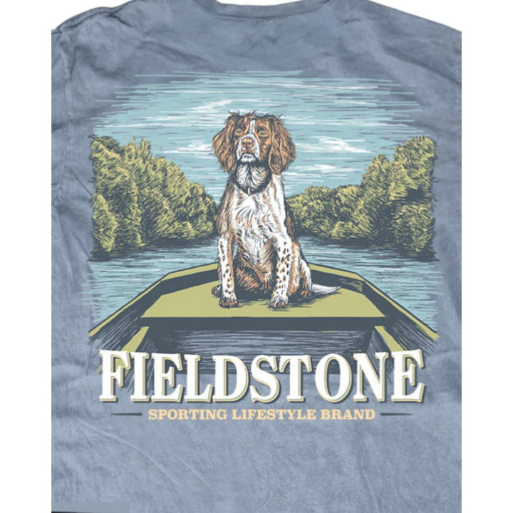 That Store youth slate blue cotton t-shirt featuring a Fieldstone graphic of a spaniel dog sitting in a boat