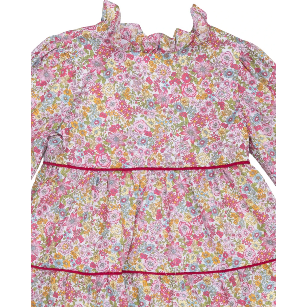 That Store Zoe Rasberry floral dress for girls featuring a ruffled collar and pink velvet trim detailing.