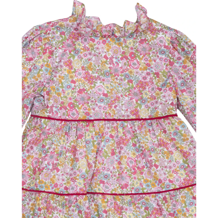 That Store Zoe Rasberry floral dress for girls featuring a ruffled collar and pink velvet trim detailing.