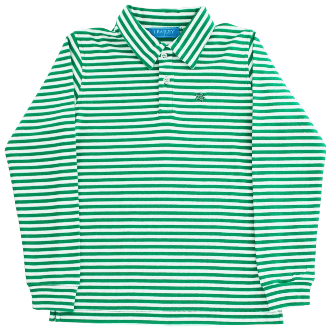 green stripe long sleeve polo, front