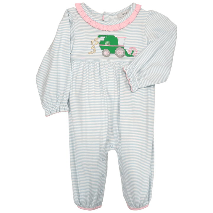 Peanut Harvesting Applique Girls Blue Stripe Romper, front