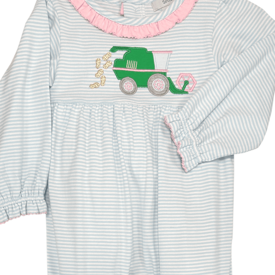 Peanut Harvesting Applique Girls Blue Stripe Romper, close up