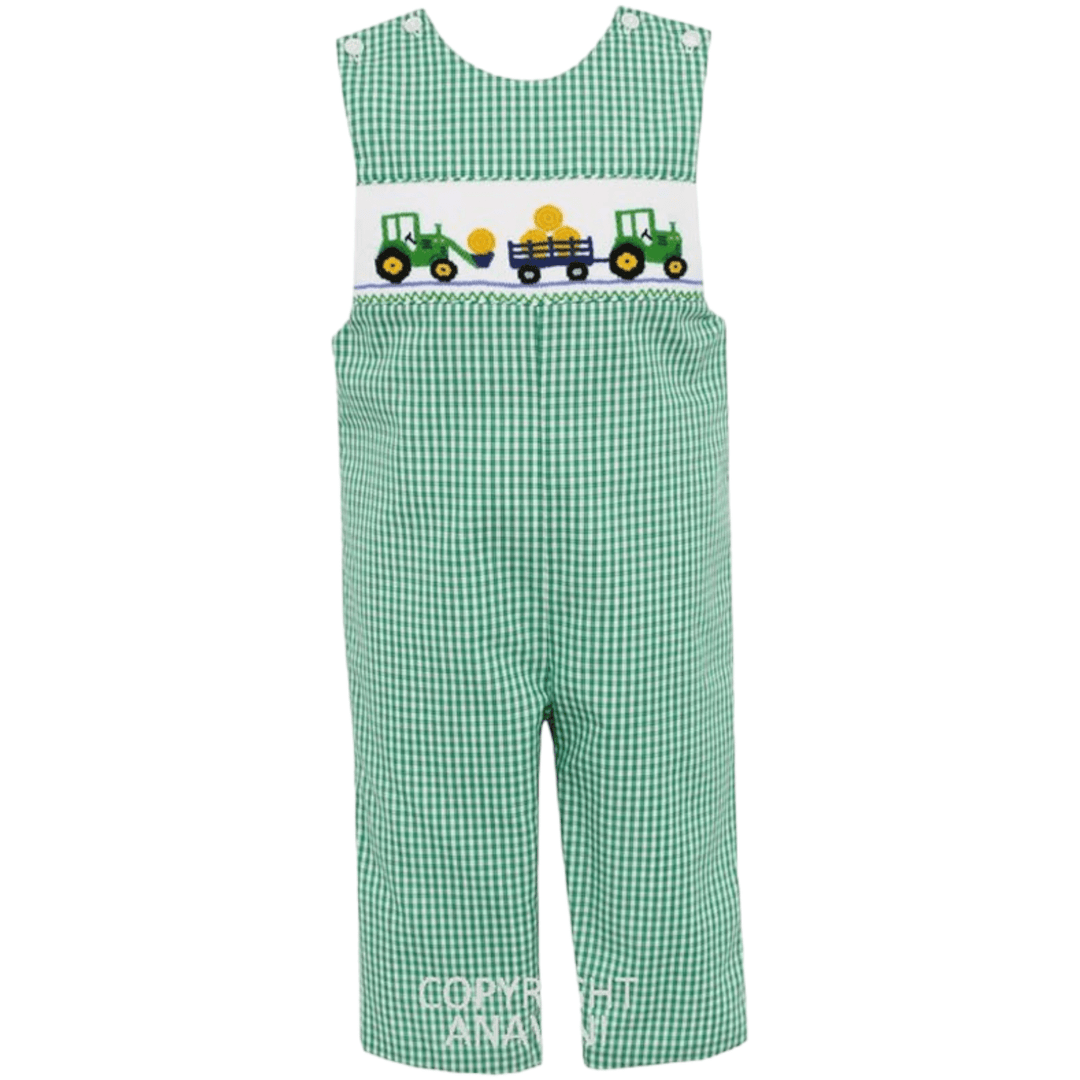 Smocked Tractor Green Gingham Longall - ShopThatStore.com